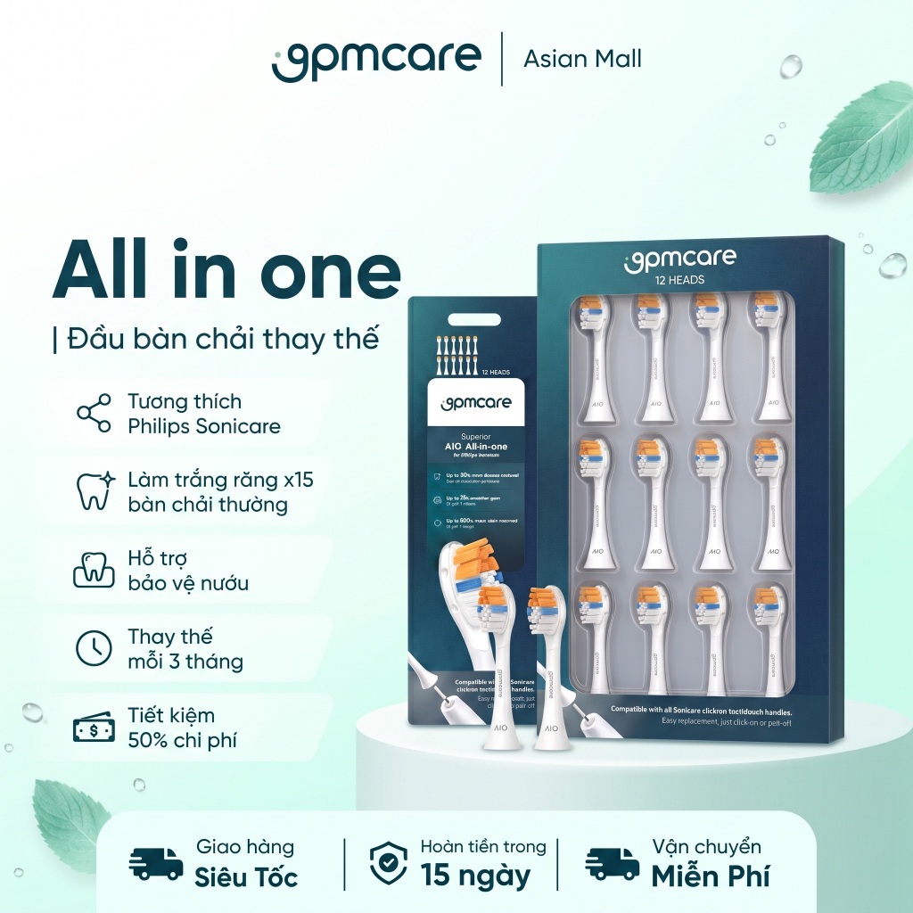 Bộ 12 đầu thay thế bàn chải điện 9pmcare AIO All-in-one (Tương thích các dòng Philips Sonicare) - viền Silicone êm ái