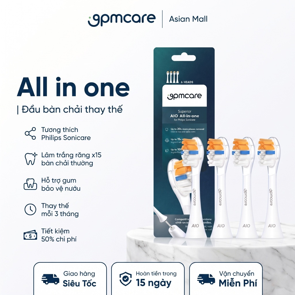Bộ 4 đầu thay thế bàn chải điện 9pmcare AIO All-in-one (Tương thích các dòng Philips)