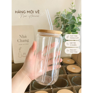 Ly Thủy Tinh 500ml Nắp Gỗ Kèm Ống Hút Thủy Tinh Và Cọ Rửa - Ly Healthy Uống Matcha,CàPhê,Detox,NướcÉp,SinhTố,TràTrái Cây