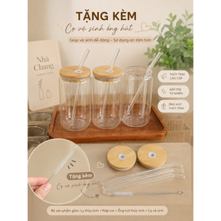 Ly Thủy Tinh 500ml Nắp Gỗ Kèm Ống Hút Thủy Tinh Và Cọ Rửa - Ly Healthy Uống Matcha,CàPhê,Detox,NướcÉp,SinhTố,TràTrái Cây