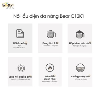 Nồi Lẩu Điện Mini Bear 1.2L DRG-C12K1 Nấu Mì Đa Năng Chống Dính An Toàn Tự Động Ngắt Bảo Hành 18T