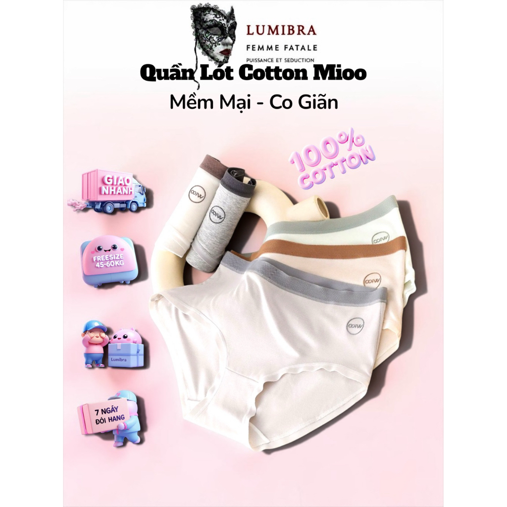 Set 3/5 Quần Lót Nữ Cotton MIOO Cạp Cao Kháng Khuẩn 10A Freesize 45-65kg Không Lằn Bụng