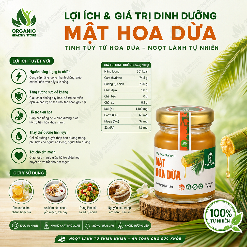 Mật Hoa Dừa Hữu Cơ Sokfarm Hũ 65g