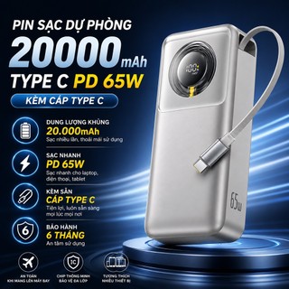 Pin sạc dự phòng Baseus, dung lượng 20000mAh, kèm cáp Type C, sạc nhanh PD 65W, có chứng chỉ 3C
