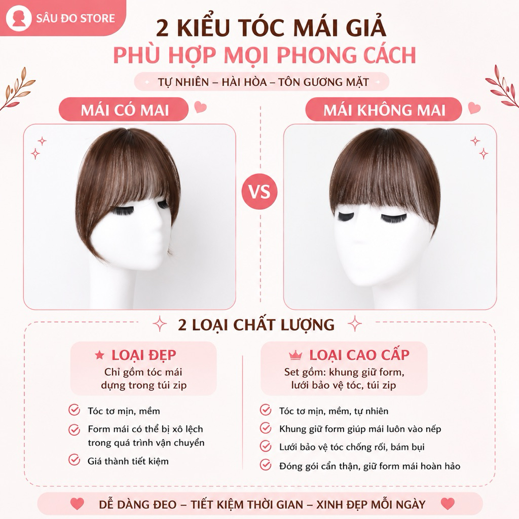 Tóc Giả Mái Thưa Hàn Quốc Dệt Tay – Mái Giả Tự Nhiên, Có Mai / Không Mai, Nhiều Màu, Mềm Tự Nhiên, Dễ Đội