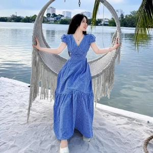 Đầm Maxi Kẻ Maxi Nhà Linh MNL-MK26 - Váy Dài Hai Lớp Chất Thô Hàn Cao Cấp, Che Bụng, Tôn Dáng Thanh Lịch, Đi Chơi,Đi Dạo