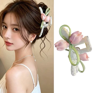 kẹp tóc ren đính hoa tuy lip vải màu hồng pastel