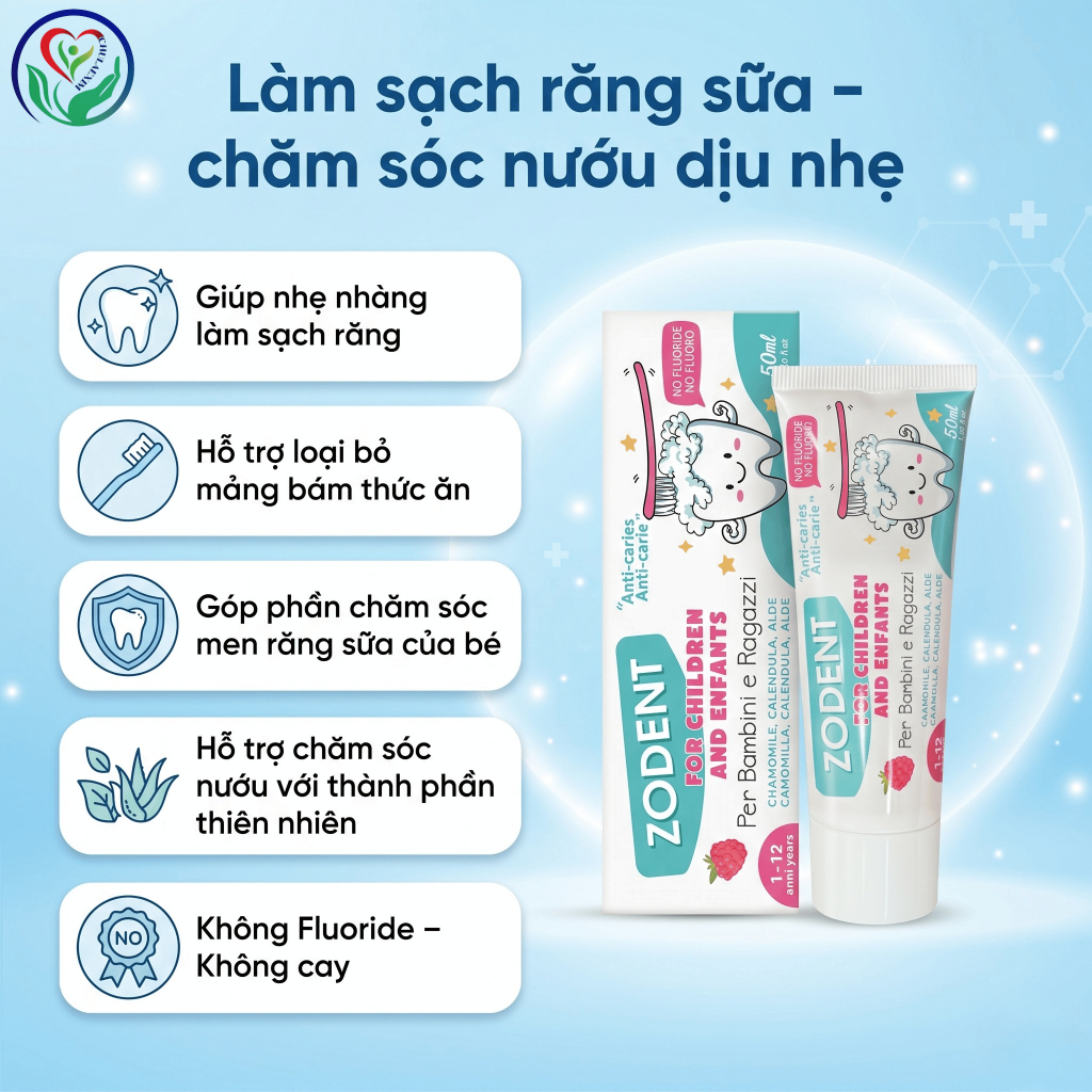 Kem đánh răng trẻ em Zodent 50ml không Fluoride, làm sạch răng sữa, dịu nhẹ cho bé
