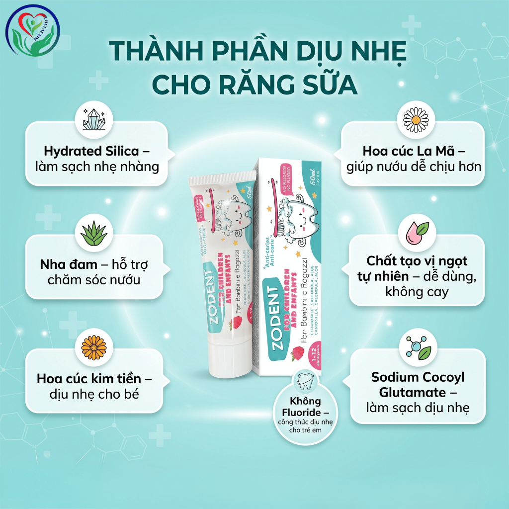 Kem đánh răng trẻ em Zodent 50ml không Fluoride, làm sạch răng sữa, dịu nhẹ cho bé