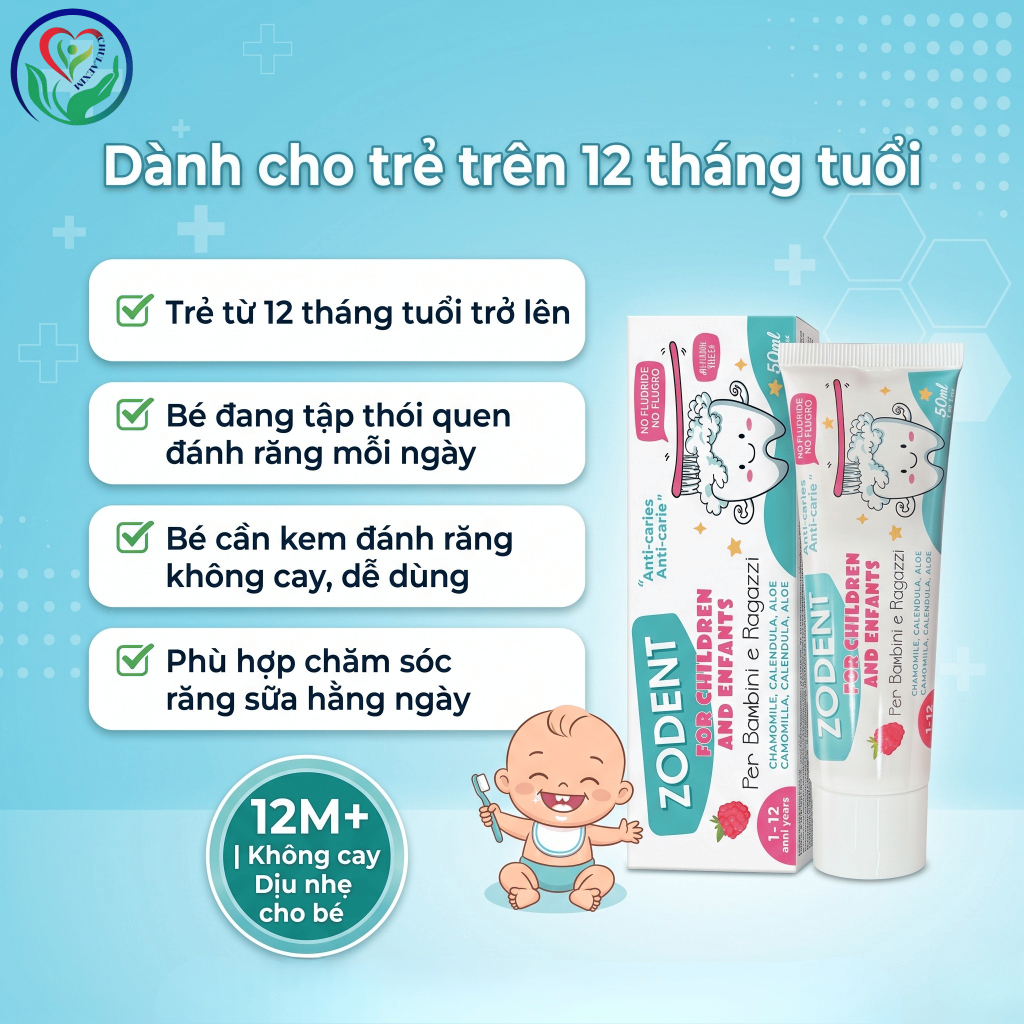 Kem đánh răng trẻ em Zodent 50ml không Fluoride, làm sạch răng sữa, dịu nhẹ cho bé