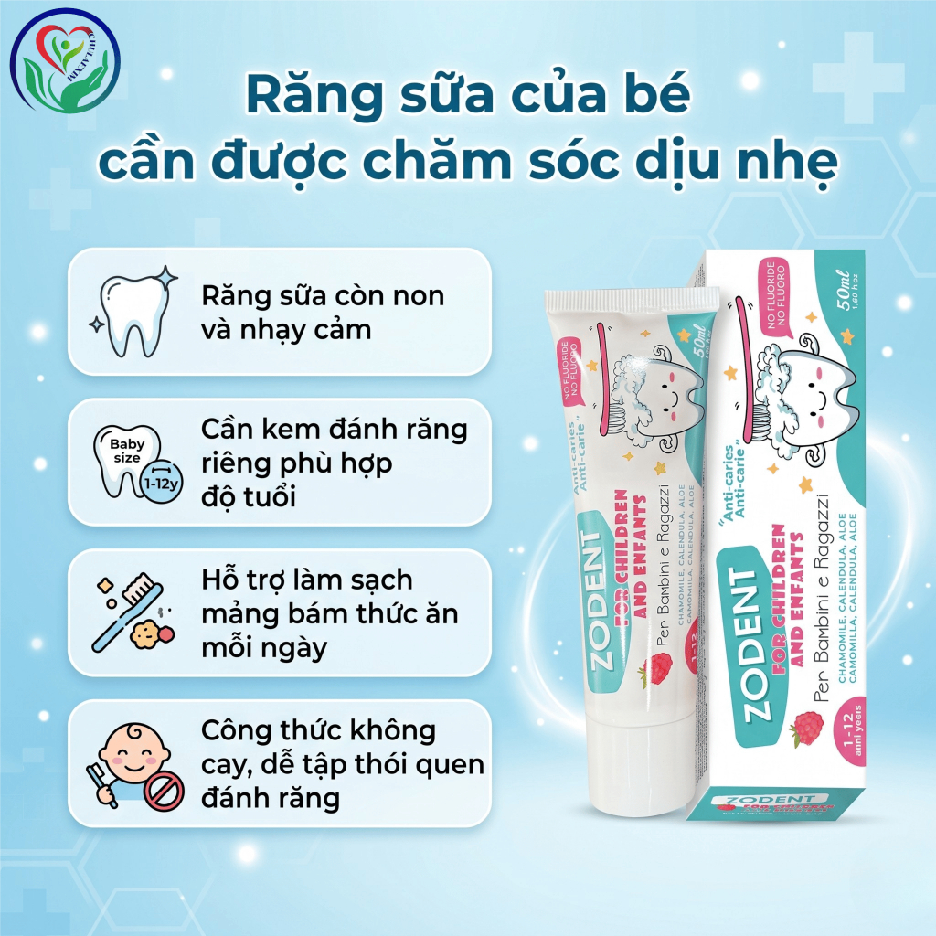 Kem đánh răng trẻ em Zodent 50ml không Fluoride, làm sạch răng sữa, dịu nhẹ cho bé