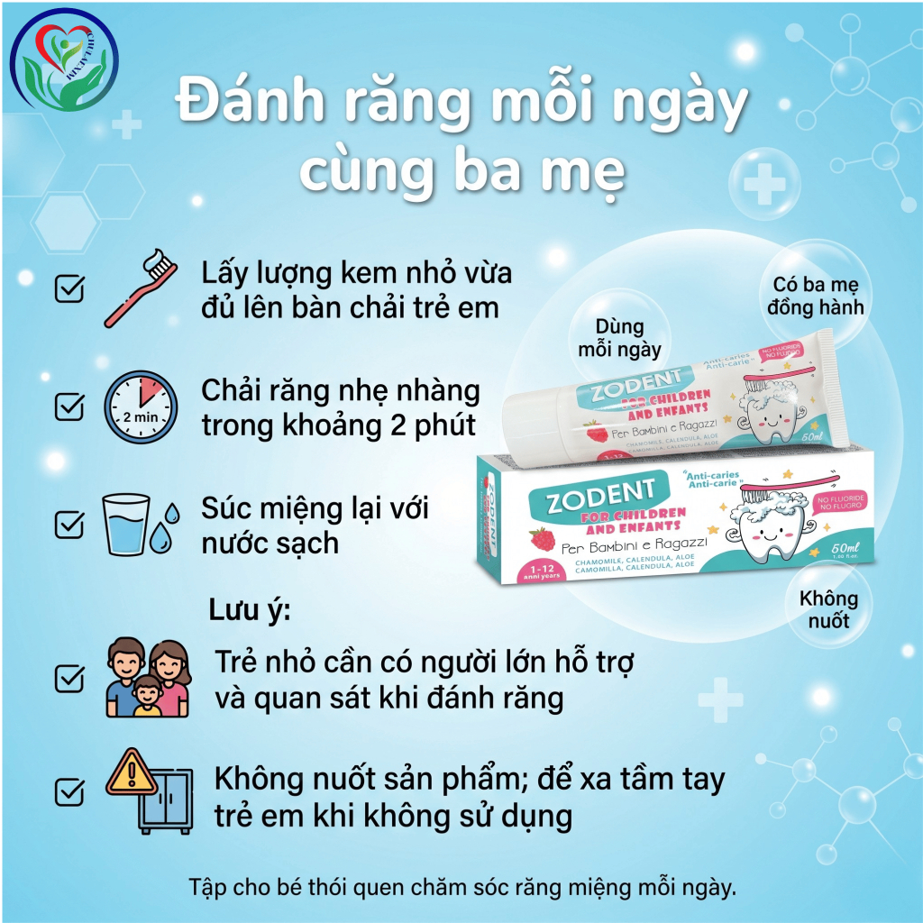 Kem đánh răng trẻ em Zodent 50ml không Fluoride, làm sạch răng sữa, dịu nhẹ cho bé