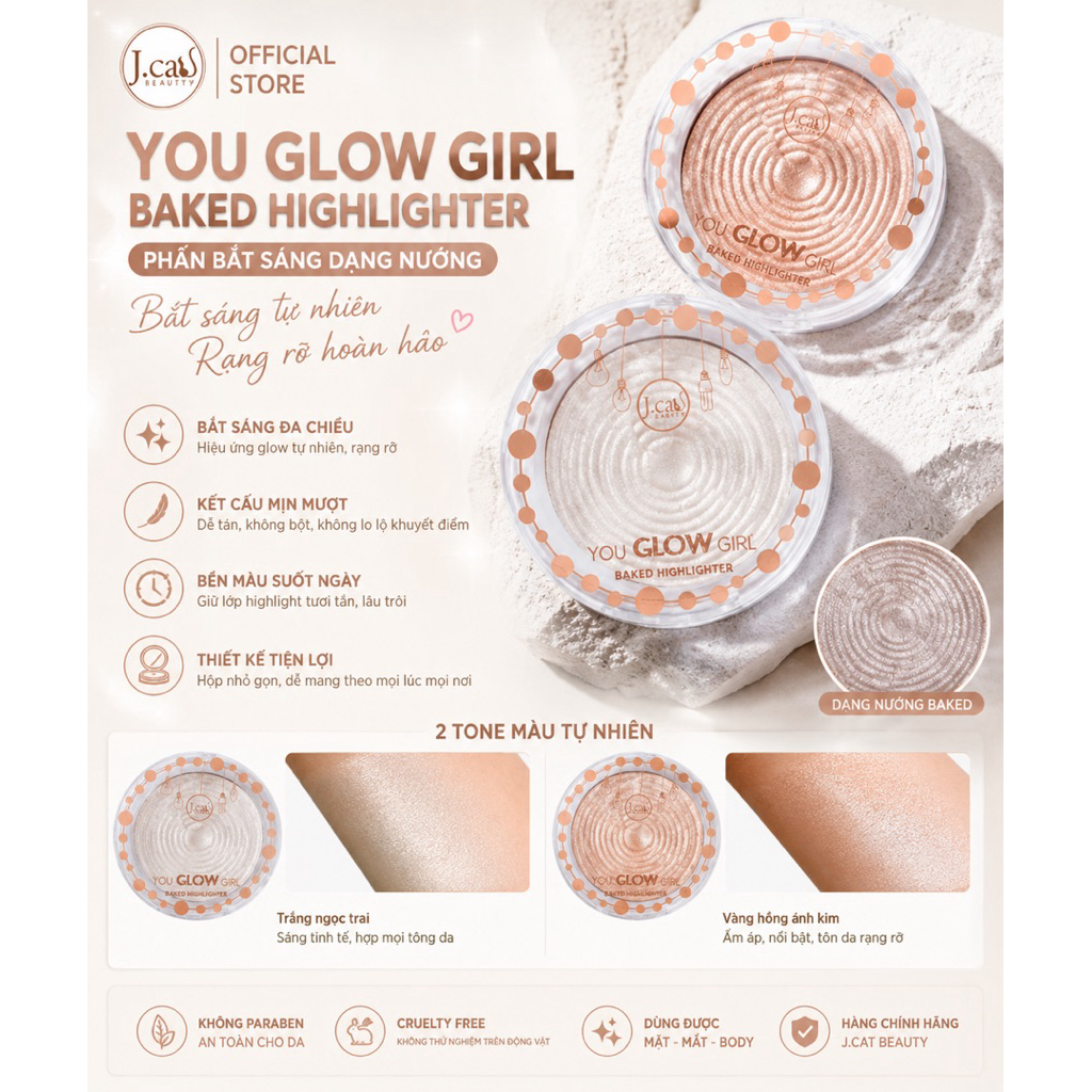 Phấn Bắt Sáng J.Cat You Glow Girl Baked Highlighter 6g | Highlight Dạng Nướng Tone 101 & 105 Glow Tự Nhiên