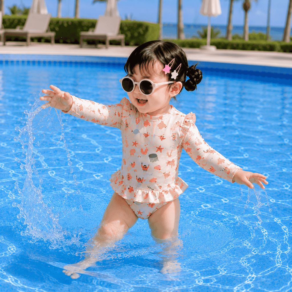 Đồ bơi bé gái liền thân tay dài chống nắng họa tiết sinh vật biển dễ thương, đồ bơi trẻ em phối bèo cho bé đi bơi S17