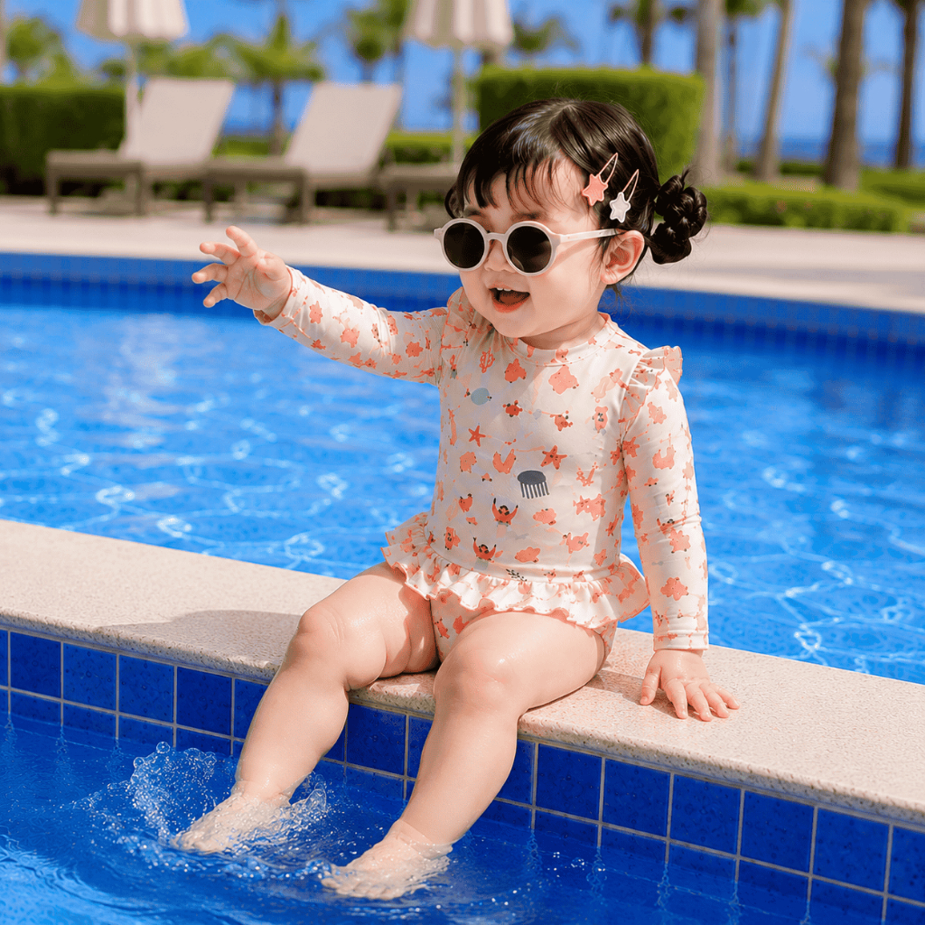 Đồ bơi bé gái liền thân tay dài chống nắng họa tiết sinh vật biển dễ thương, đồ bơi trẻ em phối bèo cho bé đi bơi S17