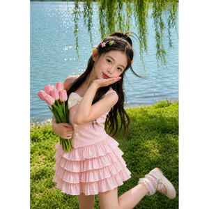 🎀 Váy Bé Gái Hai Dây Nơ Ngực Chân Váy Xếp Tầng Phong Cách Tiểu Thư Hàn Quốc