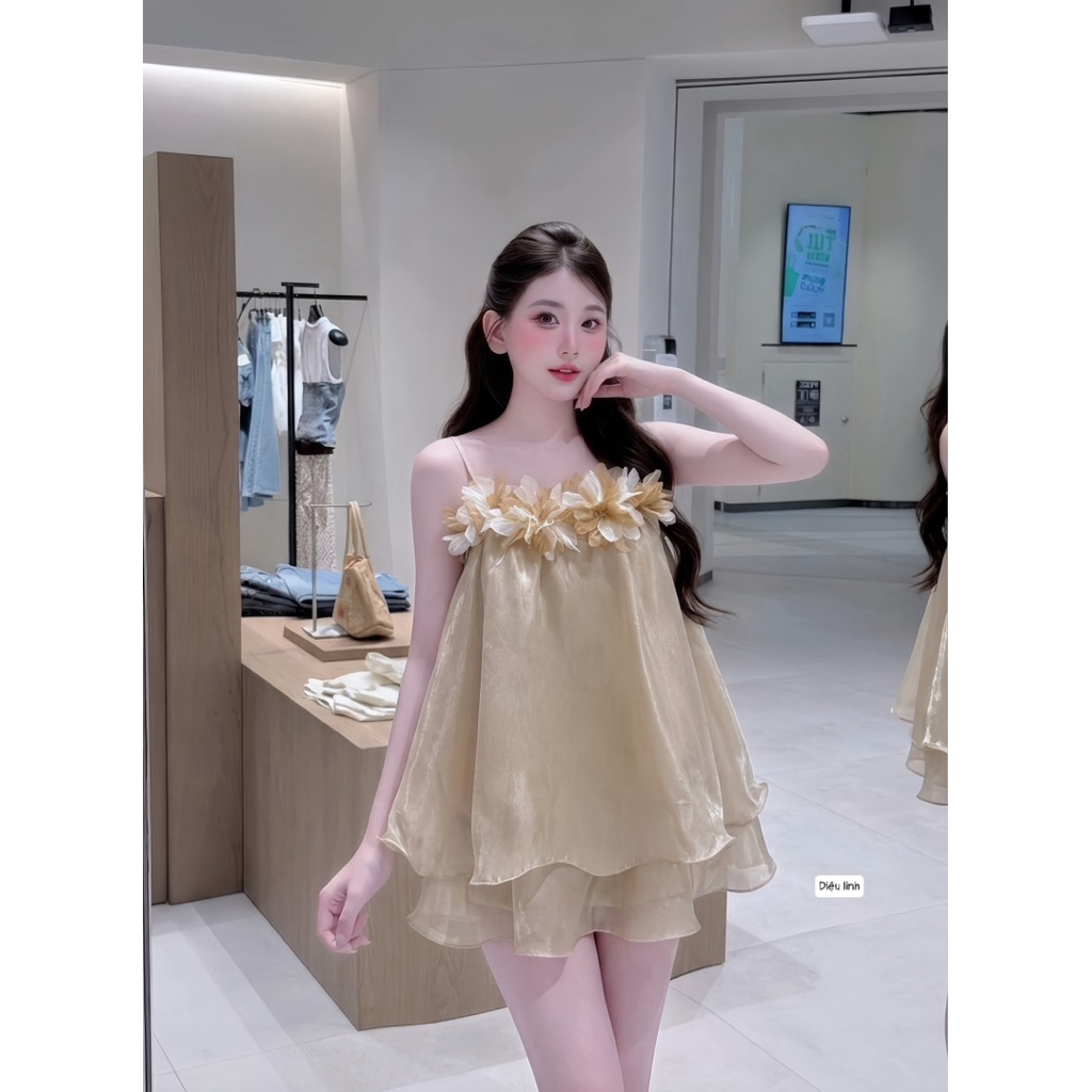 Đầm hai dây nơ hoa dáng xuông babydoll kute