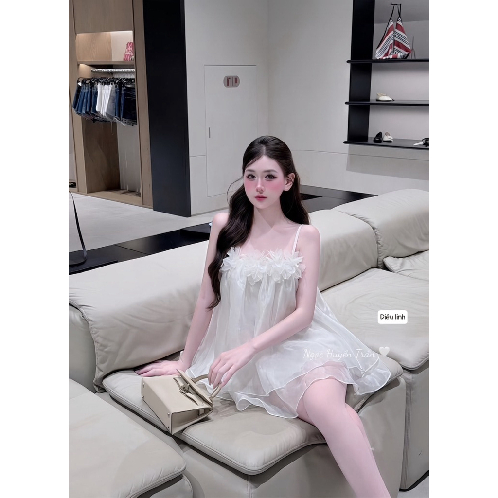 Đầm hai dây nơ hoa dáng xuông babydoll kute