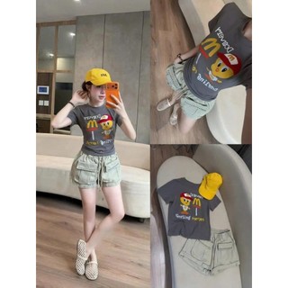 Set Bộ Nữ Baby Tee In Hình Hoạt Hình Phối Quần Short Phong Cách Hàn Quốc