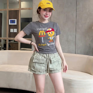 Set Bộ Nữ Baby Tee In Hình Hoạt Hình Phối Quần Short Phong Cách Hàn Quốc