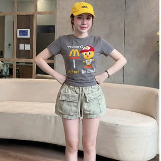 Set Bộ Nữ Baby Tee In Hình Hoạt Hình Phối Quần Short Phong Cách Hàn Quốc