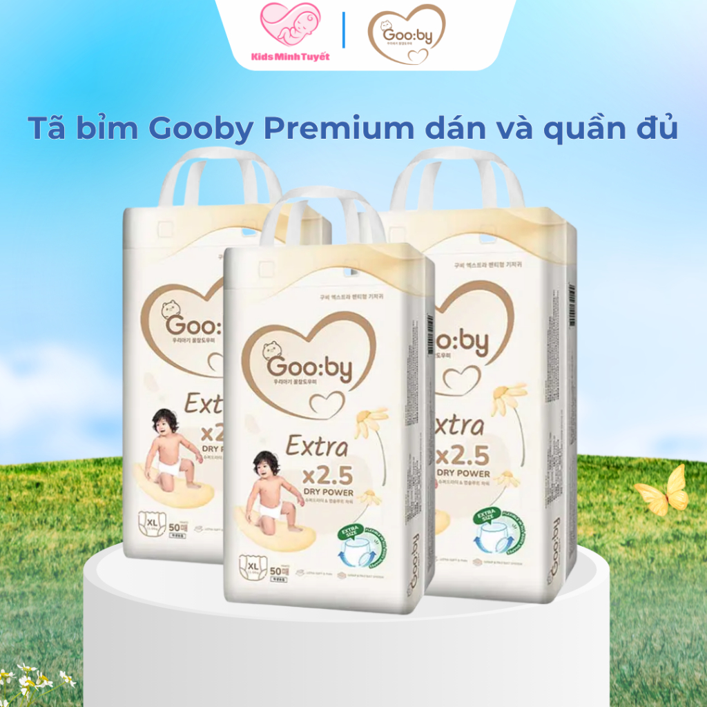 Tã bỉm Gooby Premium dán và quần đủ size NB-XXL siêu mỏng thấm hút nhanh chống hăm cho bé