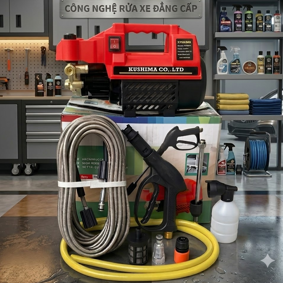 Máy rửa xe áp lực cao KUSHIMA AM39 - Công suất lớn, JP Technology, Tặng kèm bộ phụ kiện