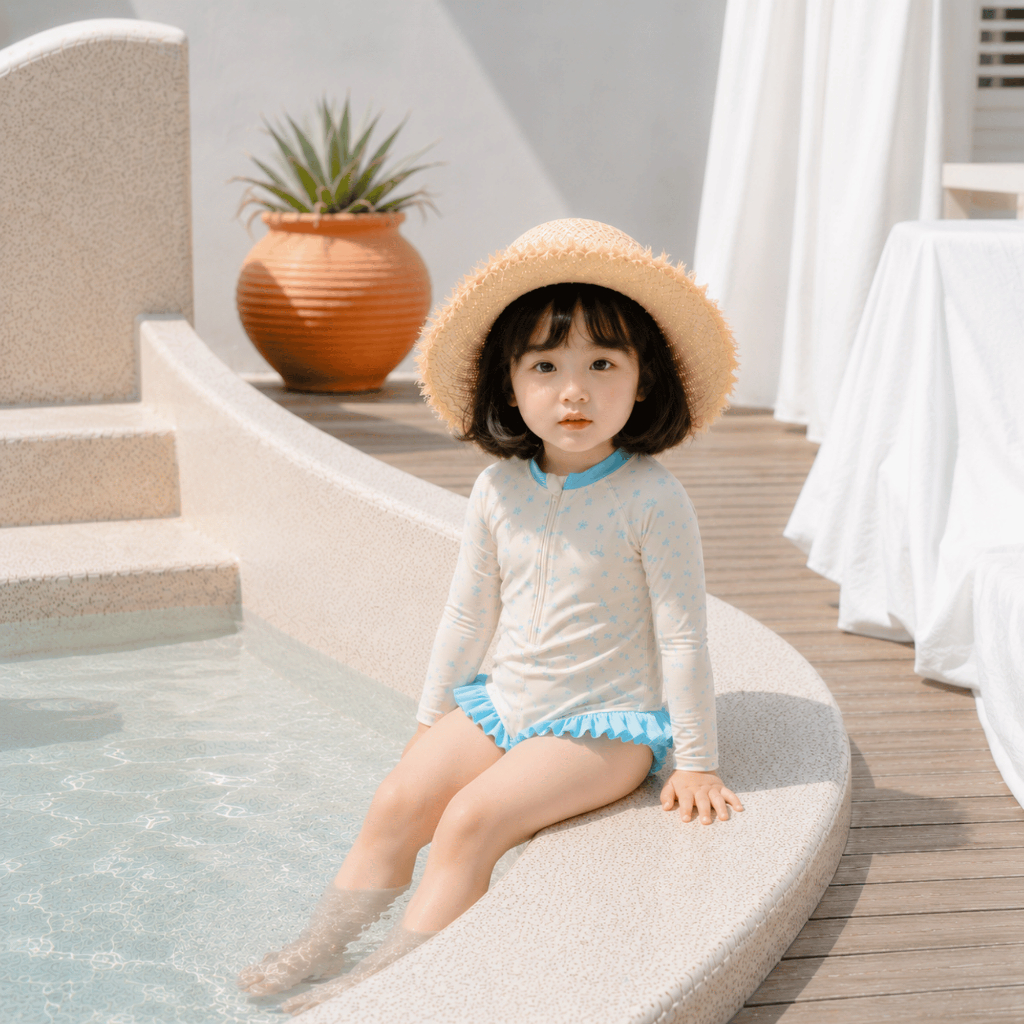 Đồ bơi bé gái liền thân tay dài chống nắng họa tiết hoa nhí, đồ bơi trẻ em phối bèo dễ thương cho bé đi biển đi bơi S18