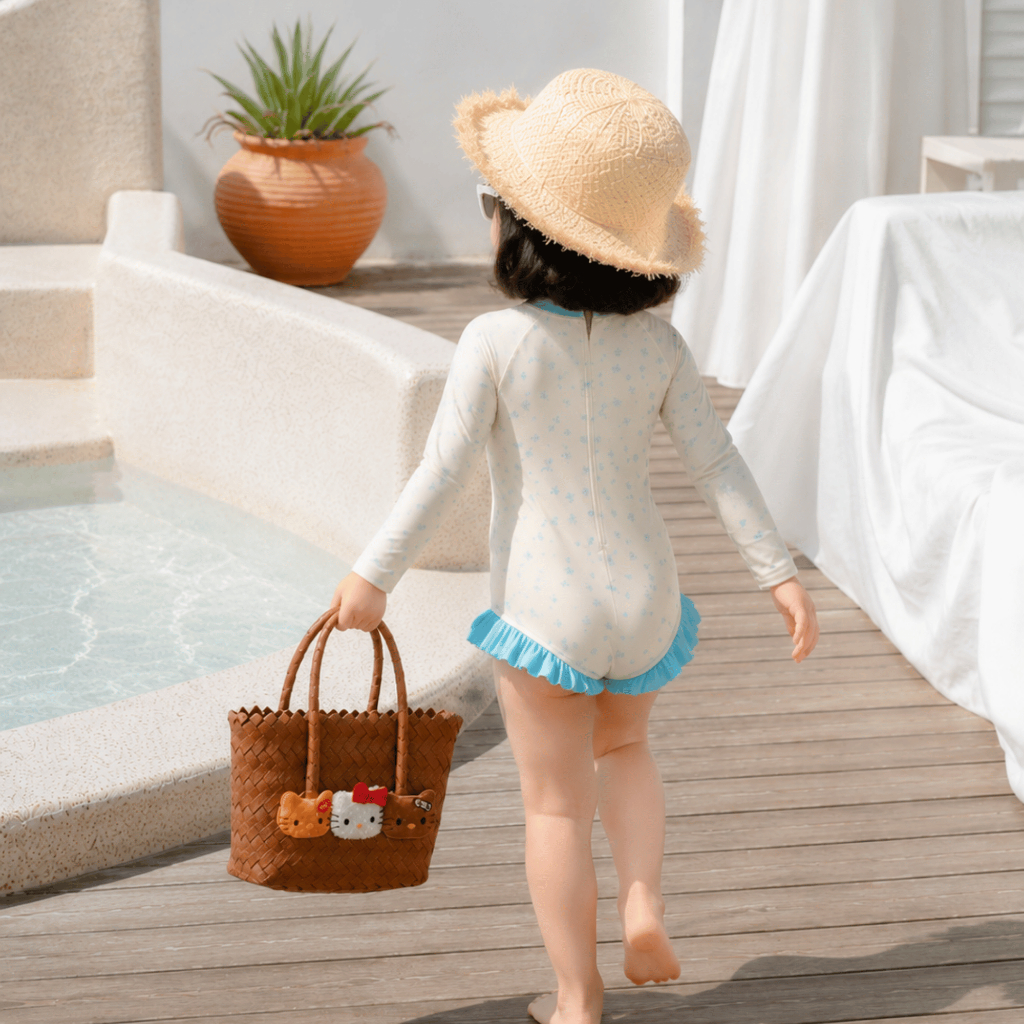 Đồ bơi bé gái liền thân tay dài chống nắng họa tiết hoa nhí, đồ bơi trẻ em phối bèo dễ thương cho bé đi biển đi bơi S18
