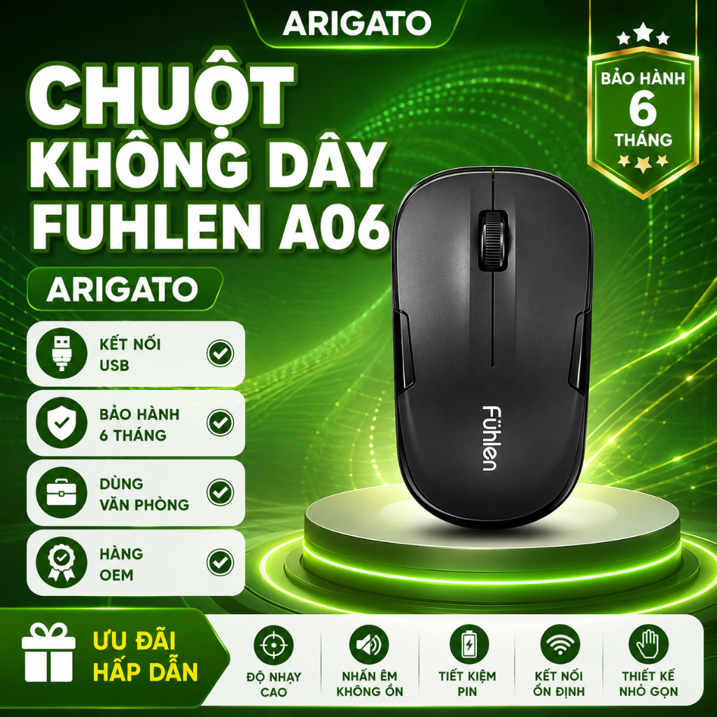 Chuột Không Dây A06 Arigato Tặng Kèm Pin Kết Nối USB 2.4G Dùng Laptop PC Smart TV Văn Phòng Bảo Hành 6 Tháng
