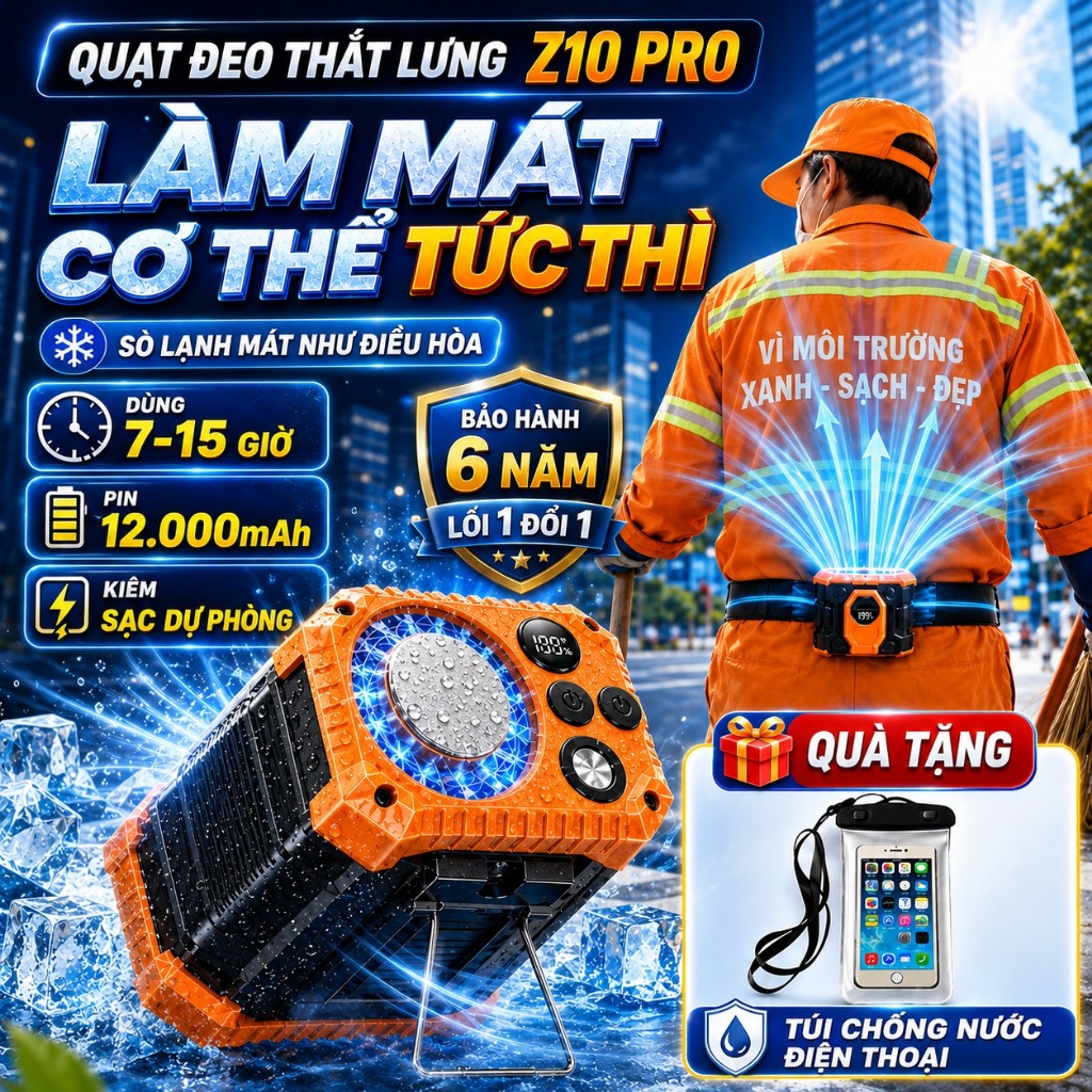 Quạt Đeo Thắt Lưng Tích Điện Pin Trâu 12.000 mAh SÒ LẠNH, Quạt Áo Điều Hoà Chính Hãng Zlife Z10 Pro