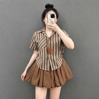 Set đồ bigsize nữ ngắn tay hoạ tiết kẻ sọc nhiều màu phối chân váy bí xòe cho chubby từ 50 ký đến 92kg- A288 +CV413