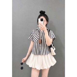 Set đồ bigsize nữ ngắn tay hoạ tiết kẻ sọc nhiều màu phối chân váy bí xòe cho chubby từ 50 ký đến 92kg- A288 +CV413