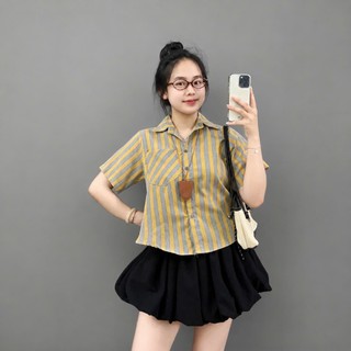 Set đồ bigsize nữ ngắn tay hoạ tiết kẻ sọc nhiều màu phối chân váy bí xòe cho chubby từ 50 ký đến 92kg- A288 +CV413