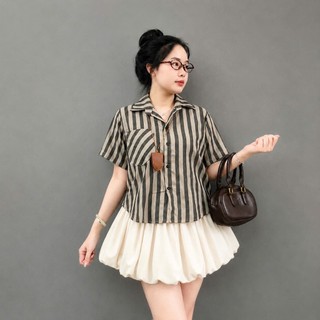 Set đồ bigsize nữ ngắn tay hoạ tiết kẻ sọc nhiều màu phối chân váy bí xòe cho chubby từ 50 ký đến 92kg- A288 +CV413