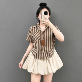 Set đồ bigsize nữ ngắn tay hoạ tiết kẻ sọc nhiều màu phối chân váy bí xòe cho chubby từ 50 ký đến 92kg- A288 +CV413