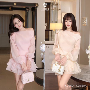 Đầm ngắn tơ nhún lệch vai chân váy tầng xòe bồng bềnh phong cách nữ tính KD650 KD650A