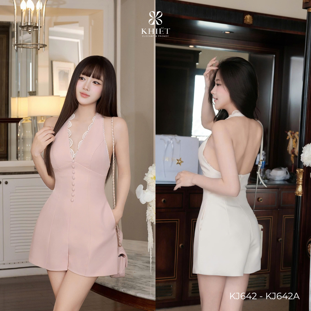 Jumpsuit Khiết Ngắn Trắng Cổ V Viền Ren Chiết Eo Thanh Lịch Nữ Tính KJ642 KJ642A
