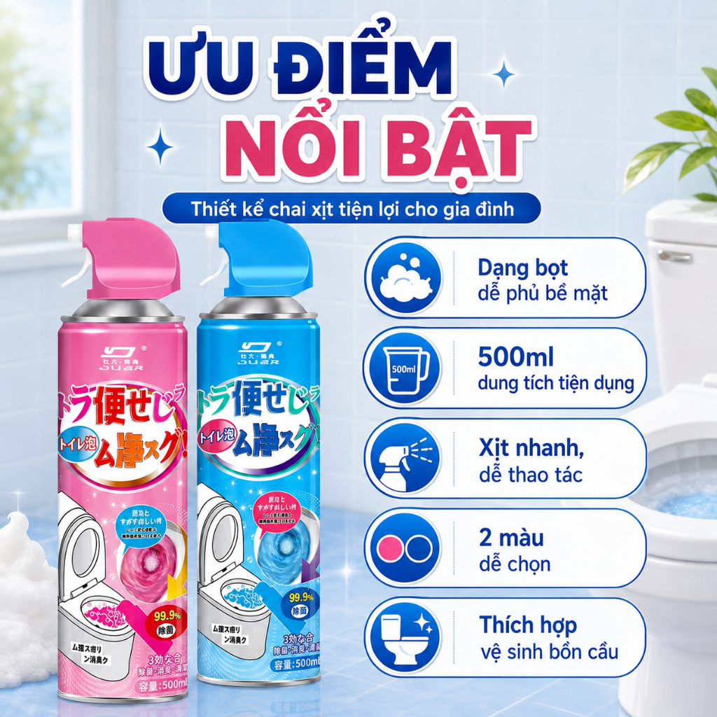 Bọt Vệ Sinh Bồn Cầu 500ml Dạng Xịt｜Làm Sạch Vết Bẩn, Hỗ Trợ Khử Mùi｜2 Mùi Hương Lựa Chọn