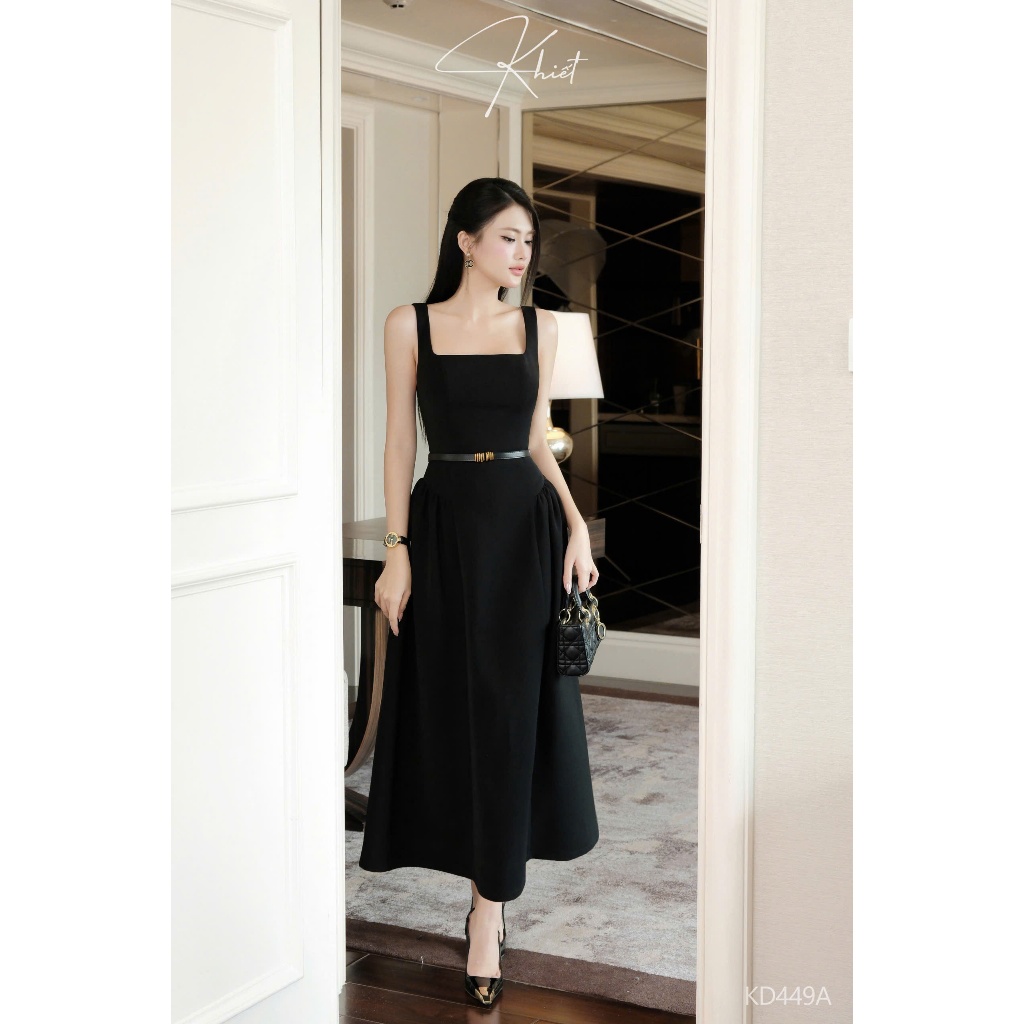 Đầm midi Khiết tone đỏ đô trendy, thiết kế cổ vuông thanh lịch đi kèm belt da sang trọng KD449 KD449A KD449B