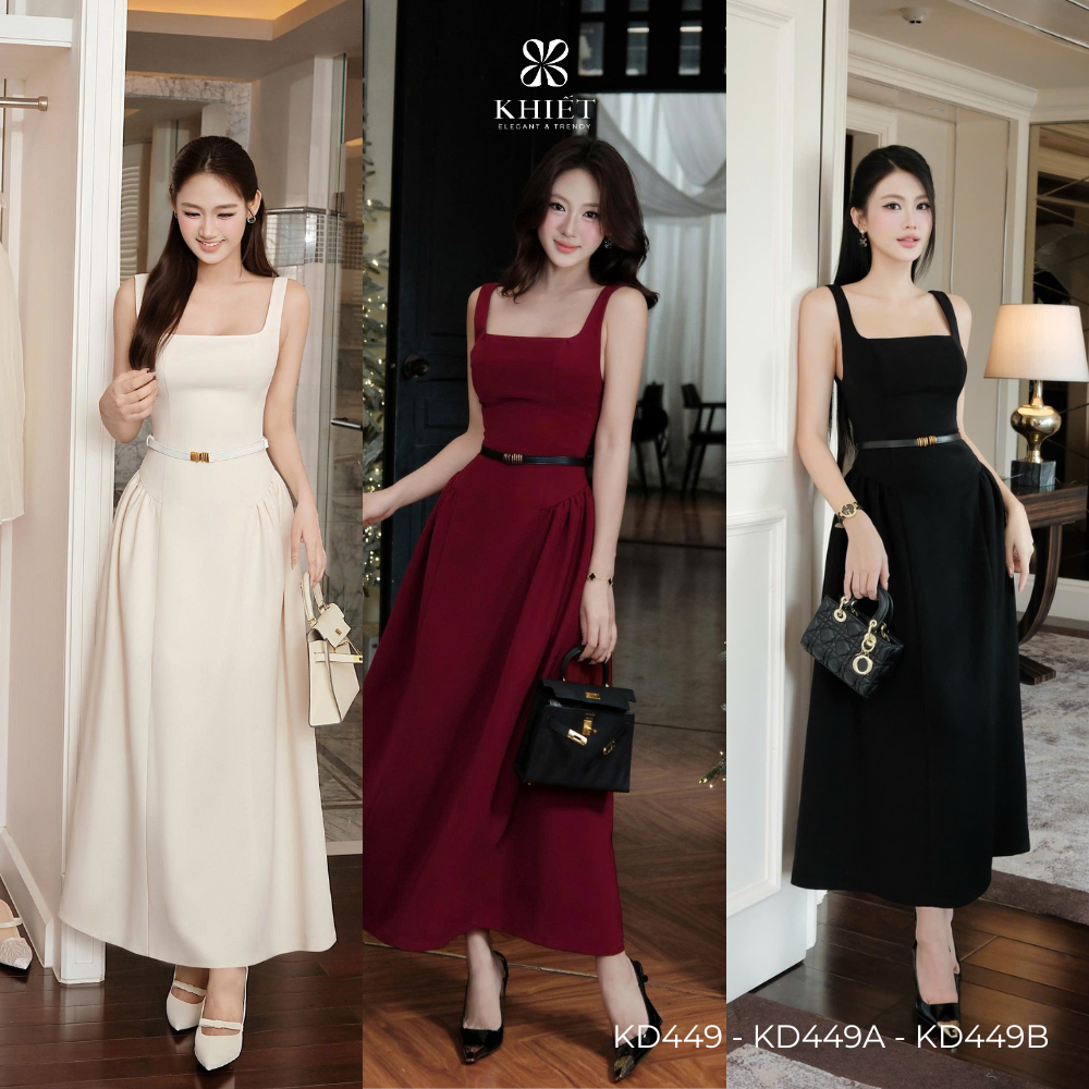 Đầm midi Khiết tone đỏ đô trendy, thiết kế cổ vuông thanh lịch đi kèm belt da sang trọng KD449 KD449A KD449B