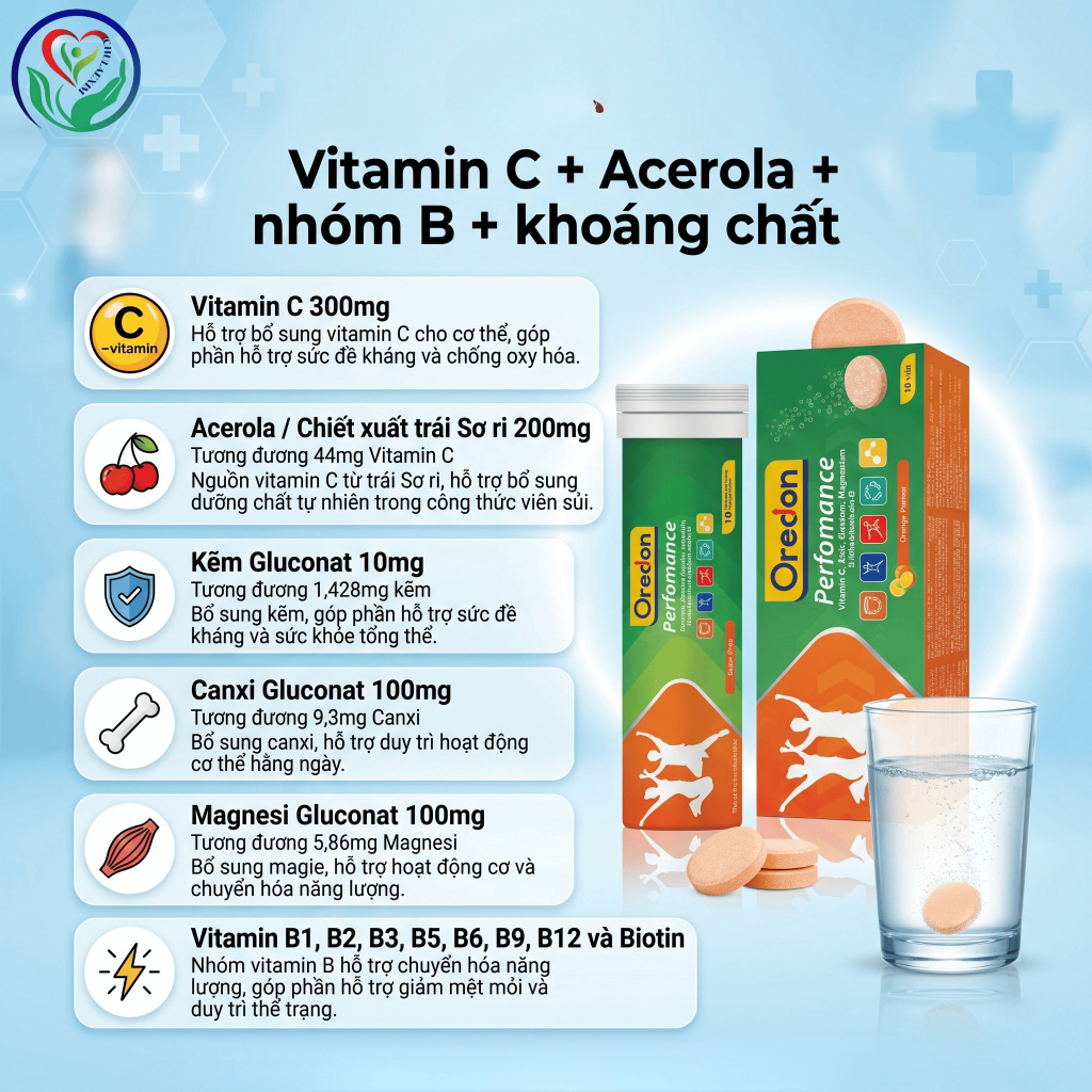 Oredon Perfomance viên sủi vitamin C tuýp 10 viên, hỗ trợ đề kháng, giảm mệt mỏi