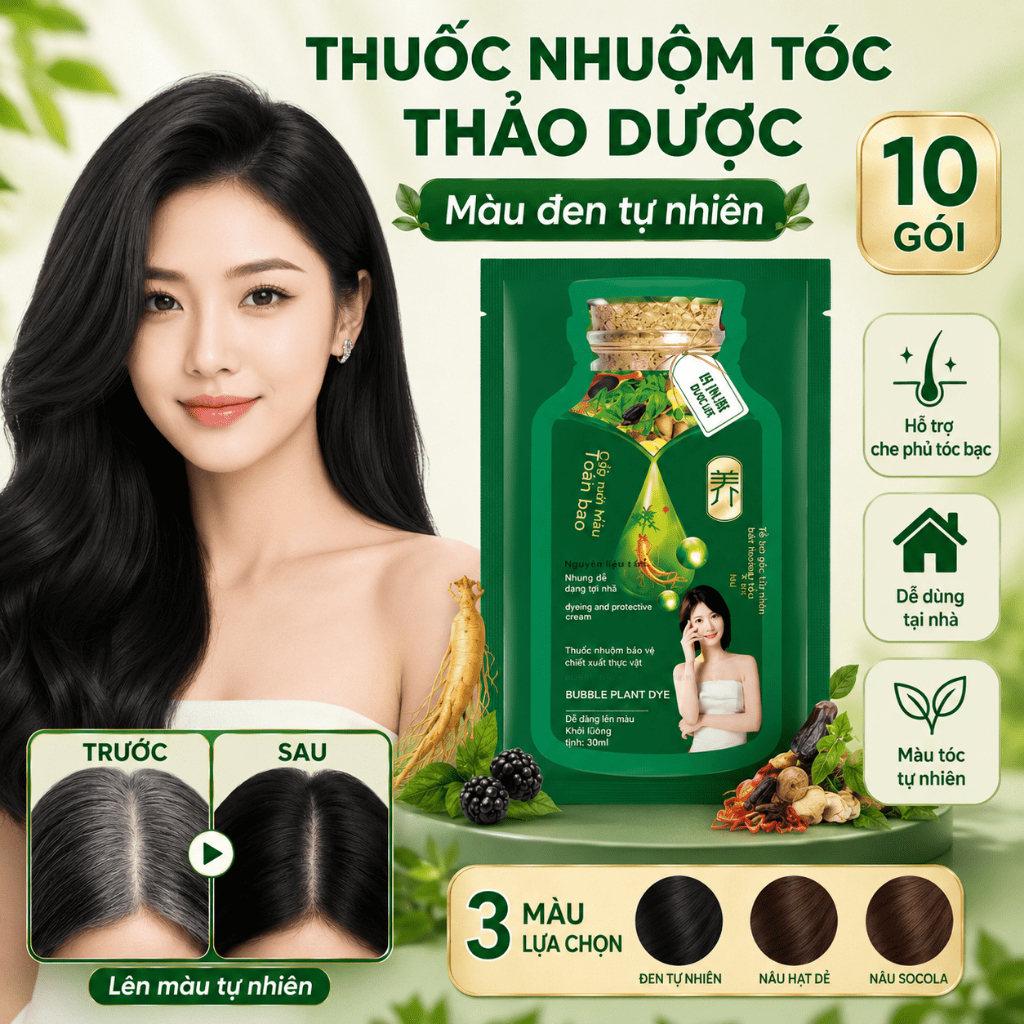 Dầu Gội Nhuộm Tóc Phủ Bạc Dạng Gói 30ml x 10 Gói | Màu Đen Tự Nhiên, Nâu Hạt Dẻ | Dễ Dùng Tại Nhà
