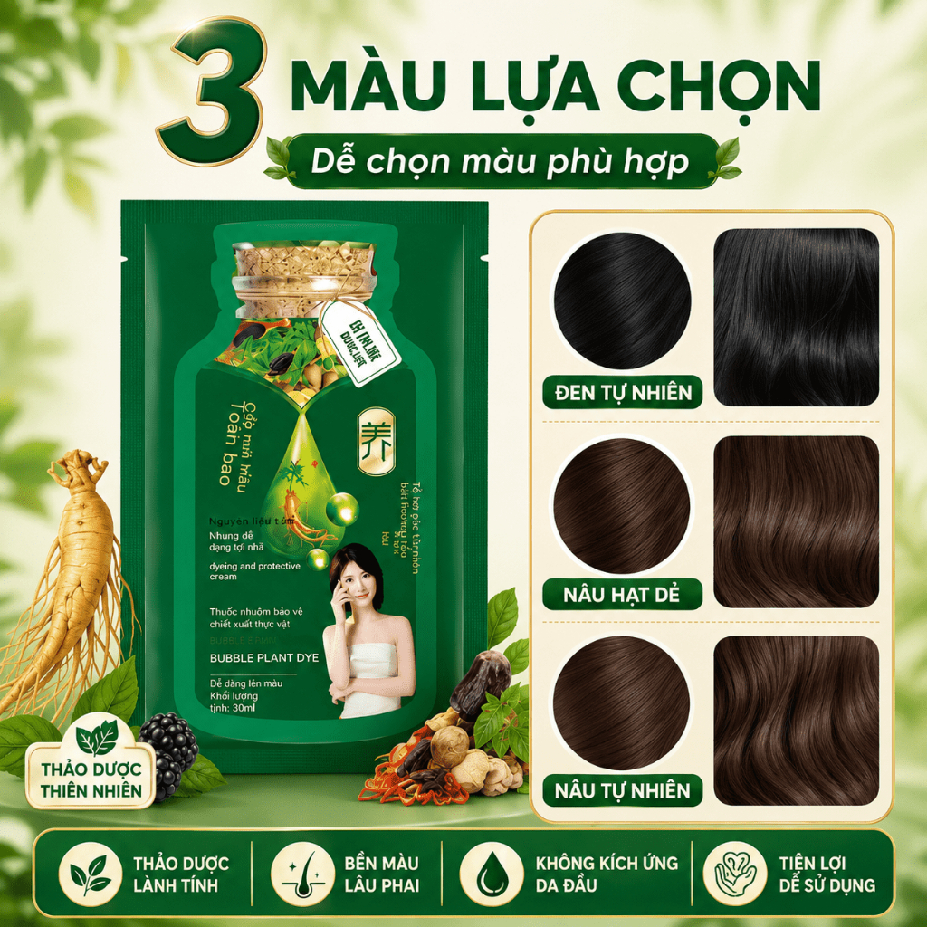 Dầu Gội Nhuộm Tóc Phủ Bạc Dạng Gói 30ml x 10 Gói | Màu Đen Tự Nhiên, Nâu Hạt Dẻ | Dễ Dùng Tại Nhà