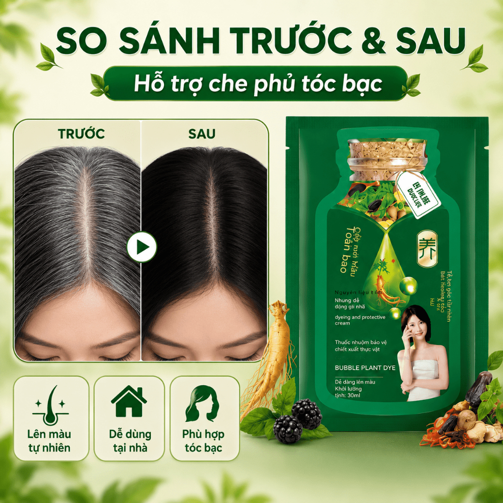 Dầu Gội Nhuộm Tóc Phủ Bạc Dạng Gói 30ml x 10 Gói | Màu Đen Tự Nhiên, Nâu Hạt Dẻ | Dễ Dùng Tại Nhà