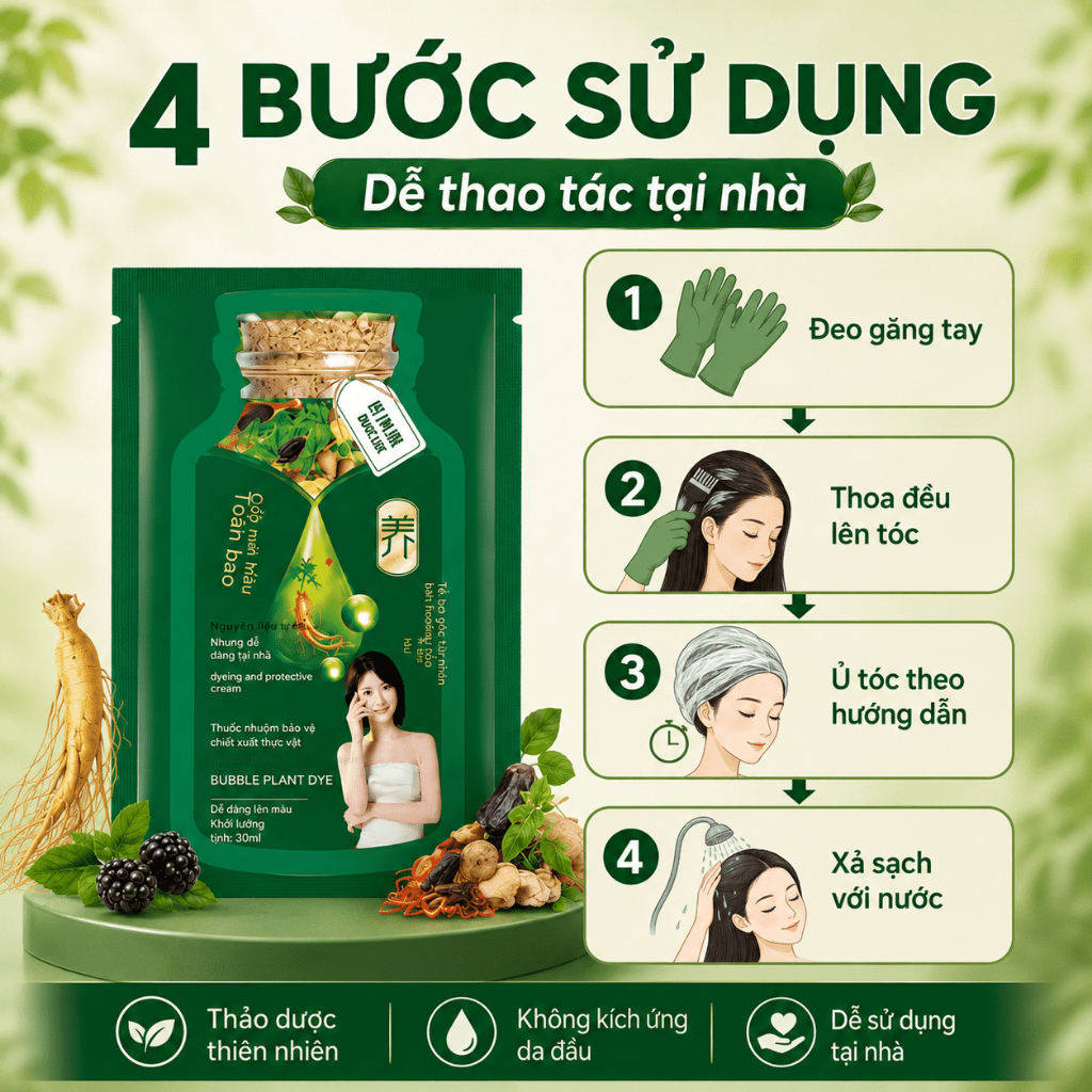 Dầu Gội Nhuộm Tóc Phủ Bạc Dạng Gói 30ml x 10 Gói | Màu Đen Tự Nhiên, Nâu Hạt Dẻ | Dễ Dùng Tại Nhà