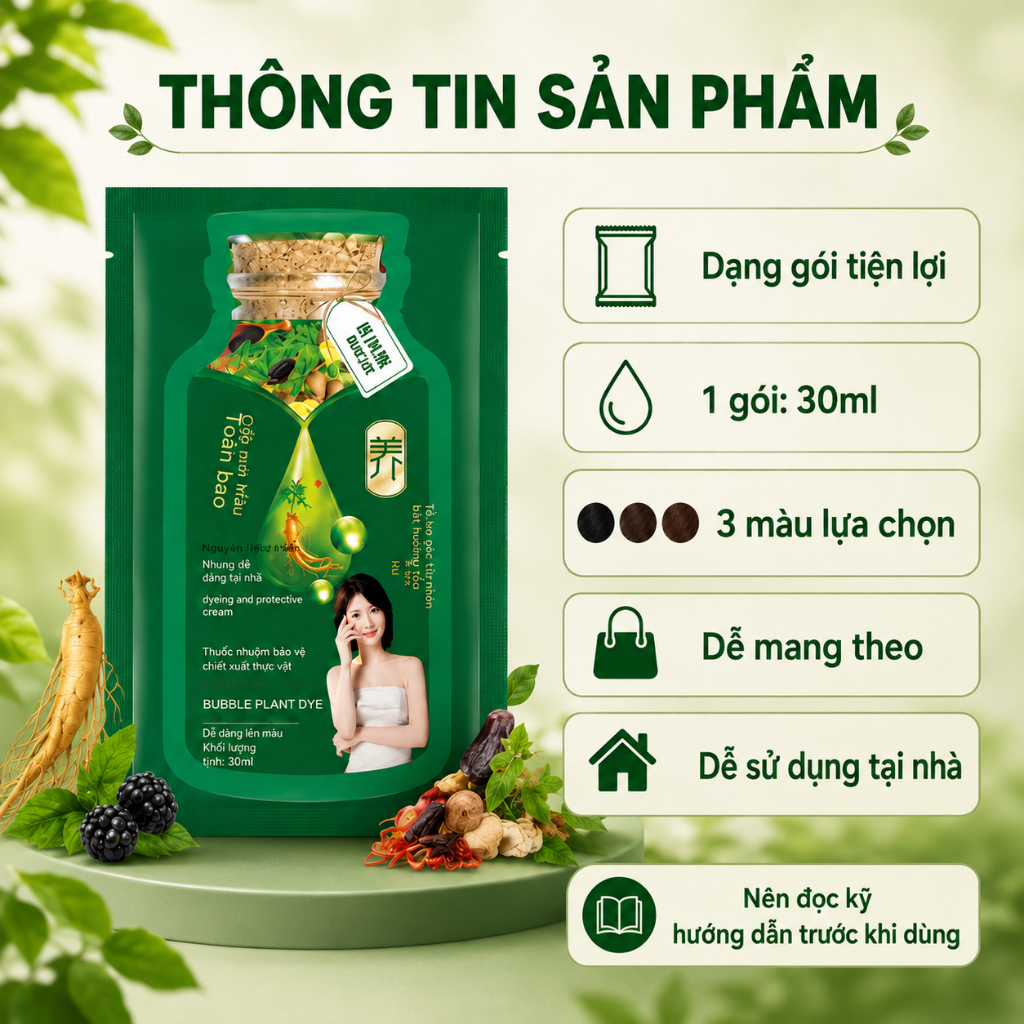Dầu Gội Nhuộm Tóc Phủ Bạc Dạng Gói 30ml x 10 Gói | Màu Đen Tự Nhiên, Nâu Hạt Dẻ | Dễ Dùng Tại Nhà