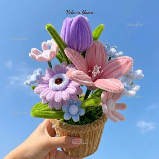 [HANDMADE] Chậu Hoa Kẽm Nhung Mix Tulip Tím & Ly Hồng – Quà Tặng Thủ Công Decor Bàn Làm Việc, Góc Học Tập