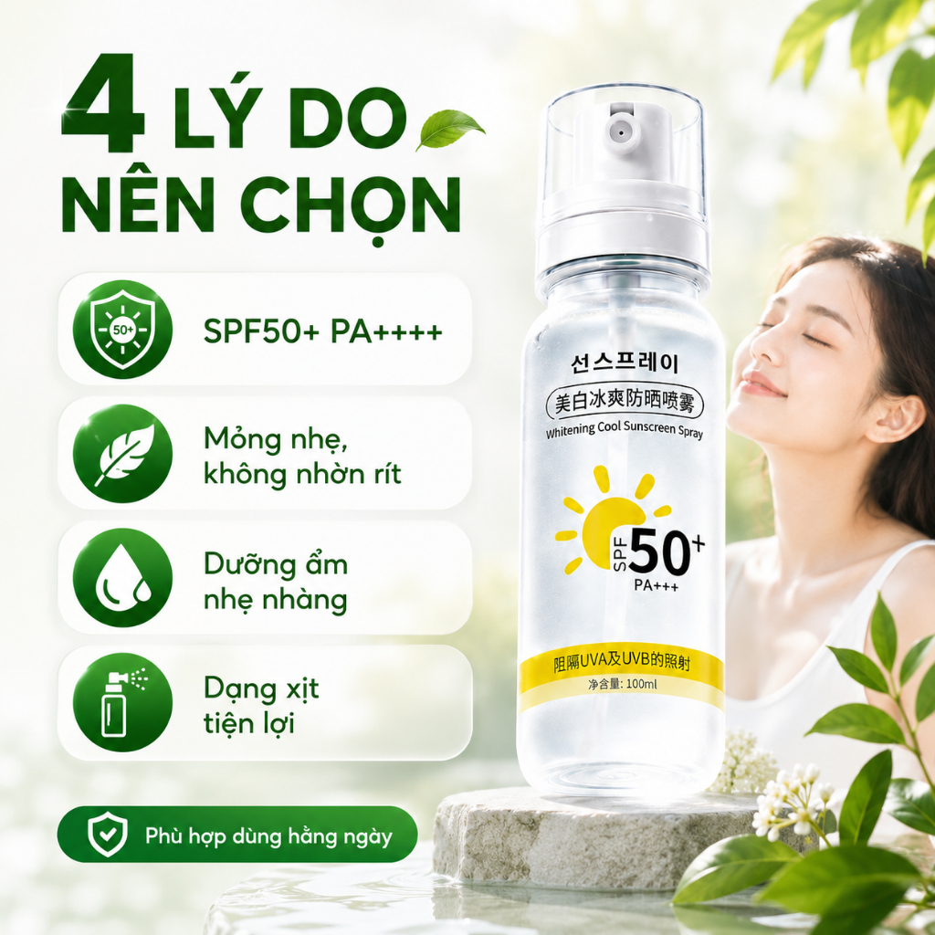 Xịt Chống Nắng Toàn Thân SPF50+ PA++++ 100ml | Mỏng Nhẹ, Khô Ráo, Dễ Dùng Hằng Ngày