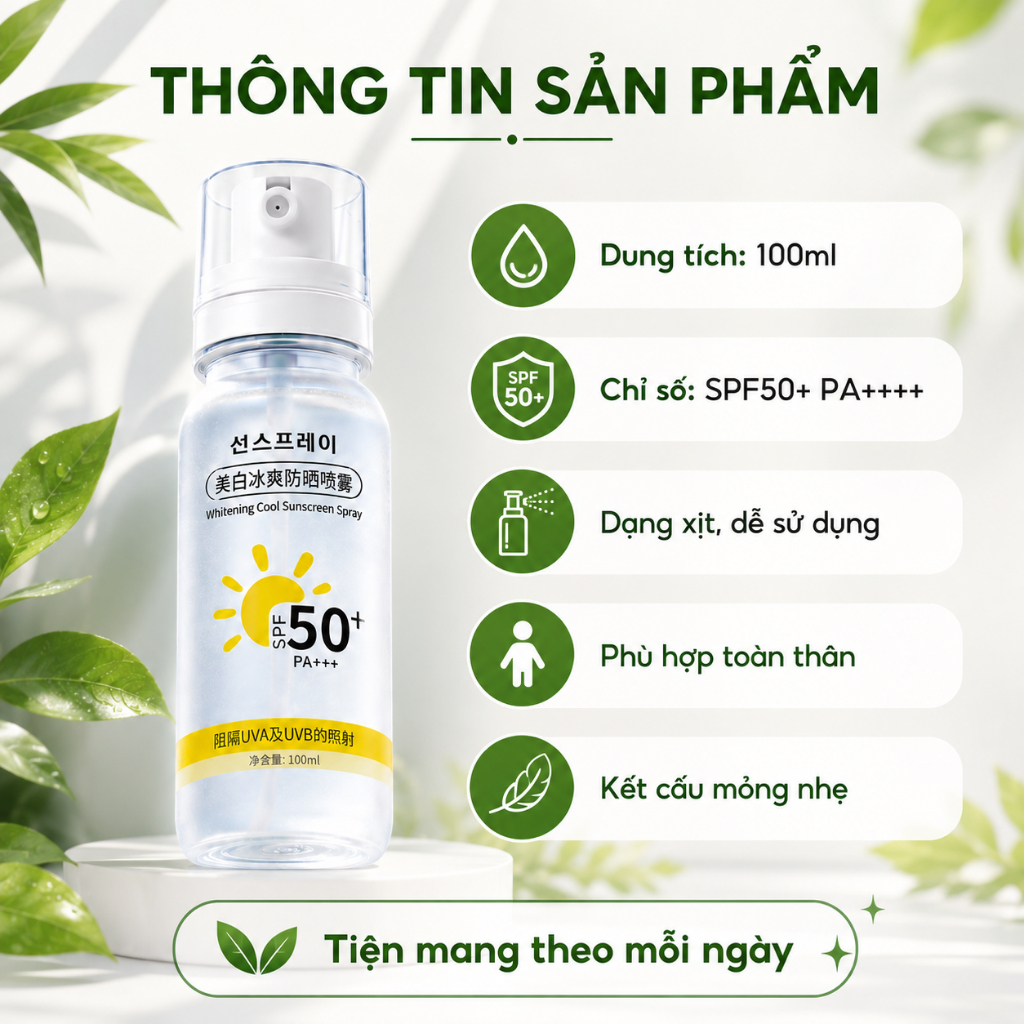 Xịt Chống Nắng Toàn Thân SPF50+ PA++++ 100ml | Mỏng Nhẹ, Khô Ráo, Dễ Dùng Hằng Ngày